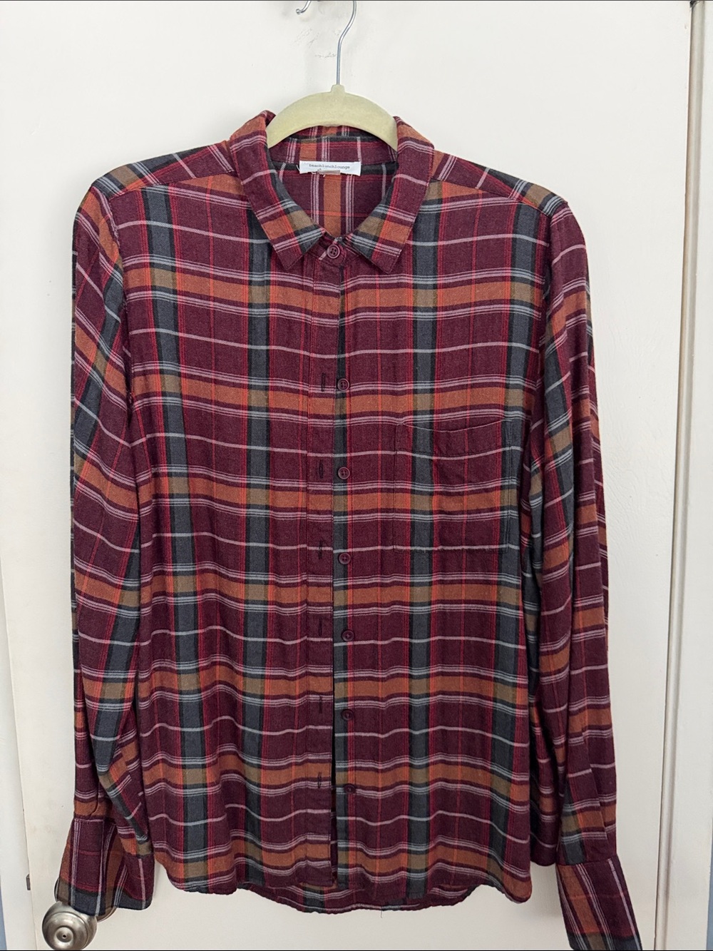 beachlunchlounge Women’s Burgundy Plaid Button-Down Shirt - Sz L